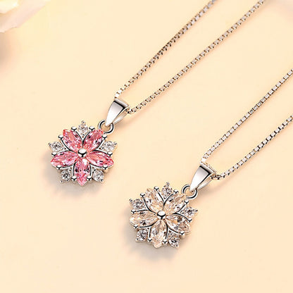 925 Sterling Silver Necklace For Women Pink Crystal Flower Pendant Korean Fashion Chain Designer Luxury Quality Jewelry GaaBou