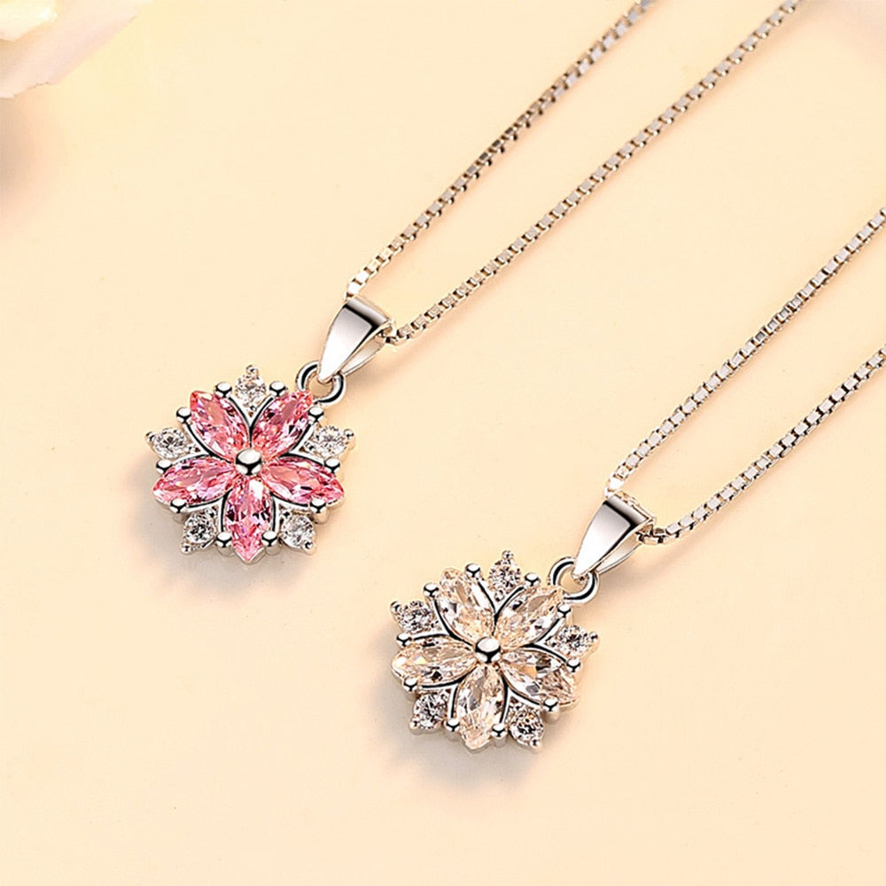 925 Sterling Silver Necklace For Women Pink Crystal Flower Pendant Korean Fashion Chain Designer Luxury Quality Jewelry GaaBou - Charlie Dolly