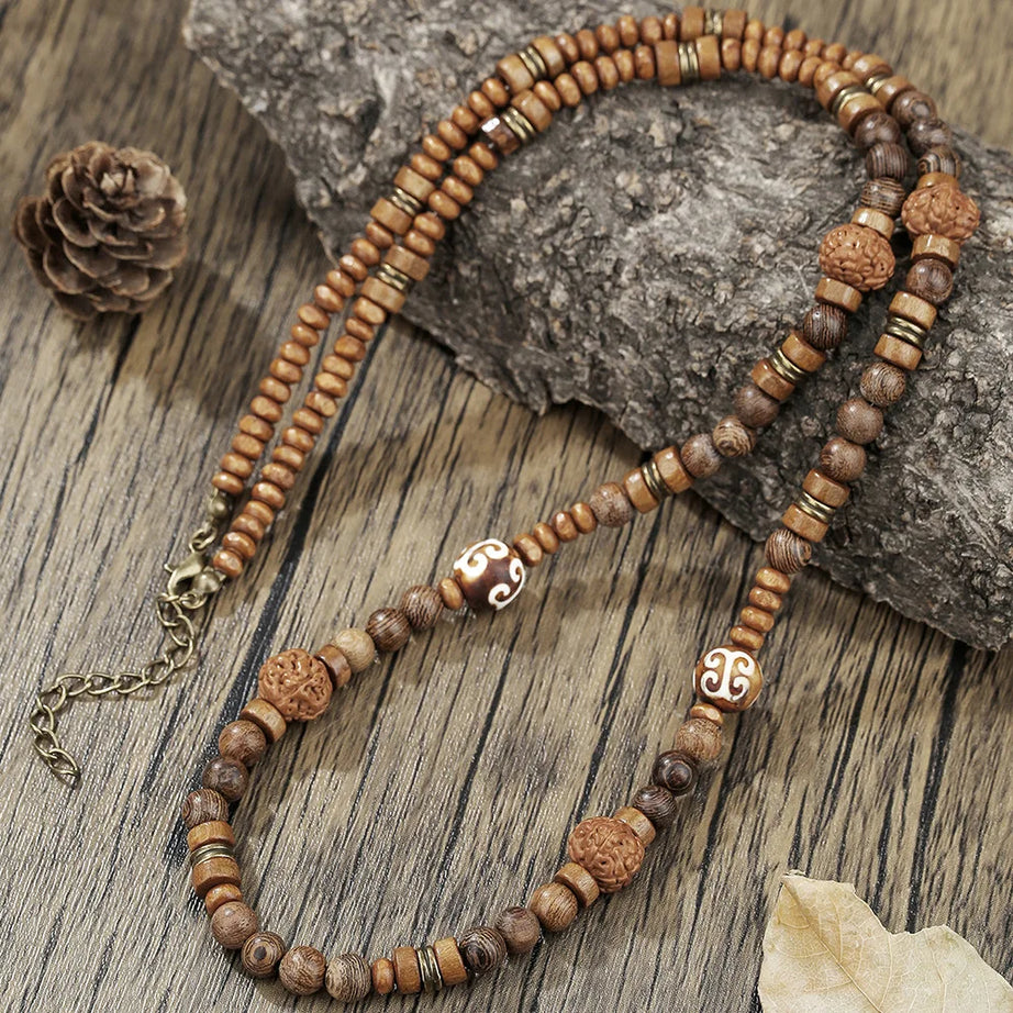 Coconut Shell and Wood Bead Prayer Boho Necklace