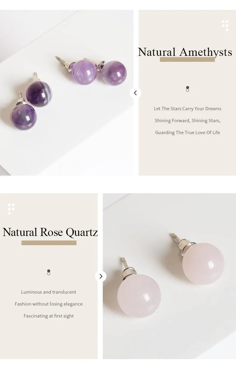 Natural Stone Agate Quartz Lapis Lazuli Tiger Eye Round Bead Stud Earrings Women Fashion Simple Stainless Steel Crystal Ear Stud