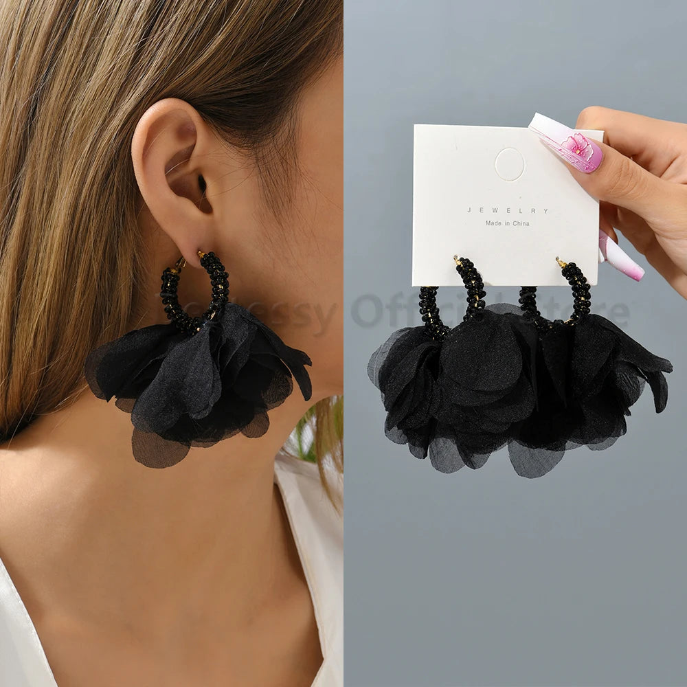 Boho Multicolor Cotton Flower Petal Dangle Earrings For Women Luxury Elegant Handmade Beaded Tassel Ear Pendant Fashion Jewelry