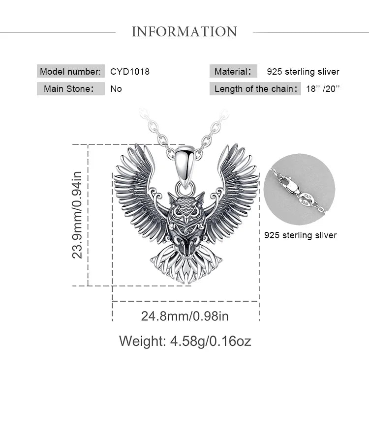 Eudora 925 Sterling Silver Cool Owl Necklace for Women Man Vintage Hip Hop Owl Amulet Pendant Personality Jewelry Party Gift