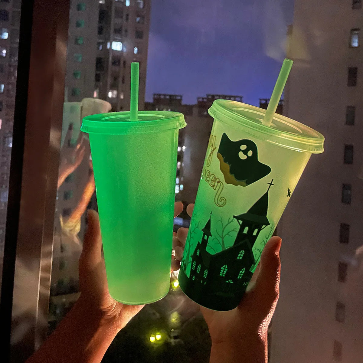 1PC 720ml Halloween Print Plastic Luminous Straw Cup Juice Milk Tea Coffee Cups for Party Supplies Funny Straw Cup Kitchen Drink - Charlie Dolly
