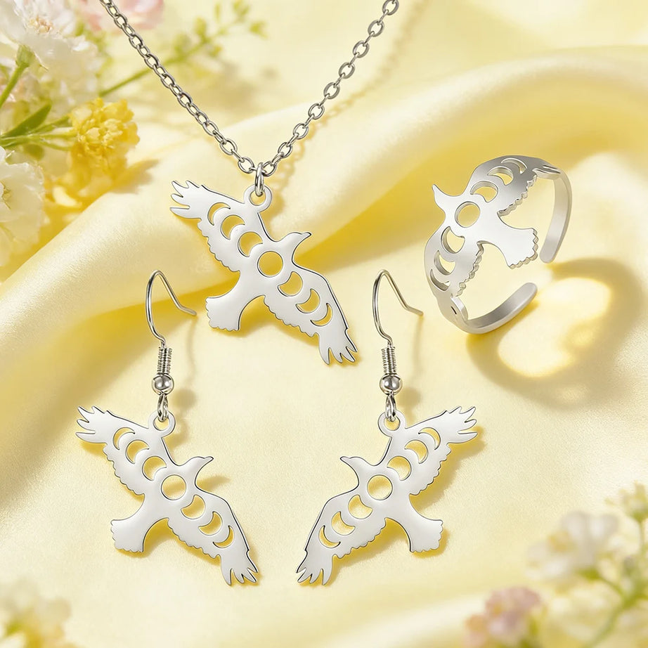 Raven & Moon Phase Jewelry Set, Necklace Earrings Ring Witchy Trio
