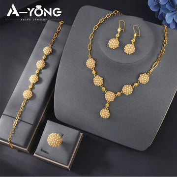 Dubai Nigeria Fashion Pearls Jewelry Set 24k Gold Plated Italian Retro Boho Necklace Arabic Women Exquisite Party Jewelrys