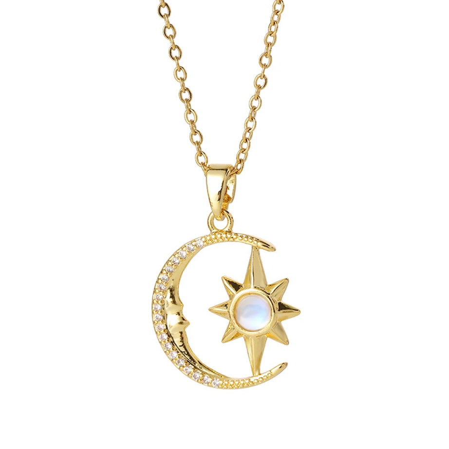 Stainless Steel Moon & Star Zircon Pendant Necklace, Delicate Celestial Chain