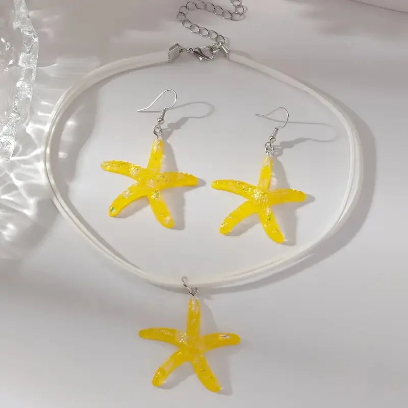 Fashion Large Starfish Pendant Necklace Jewelry Set For Women Girls Boho Summer Beach White Rope Chain Choker Party Jewelry Gift