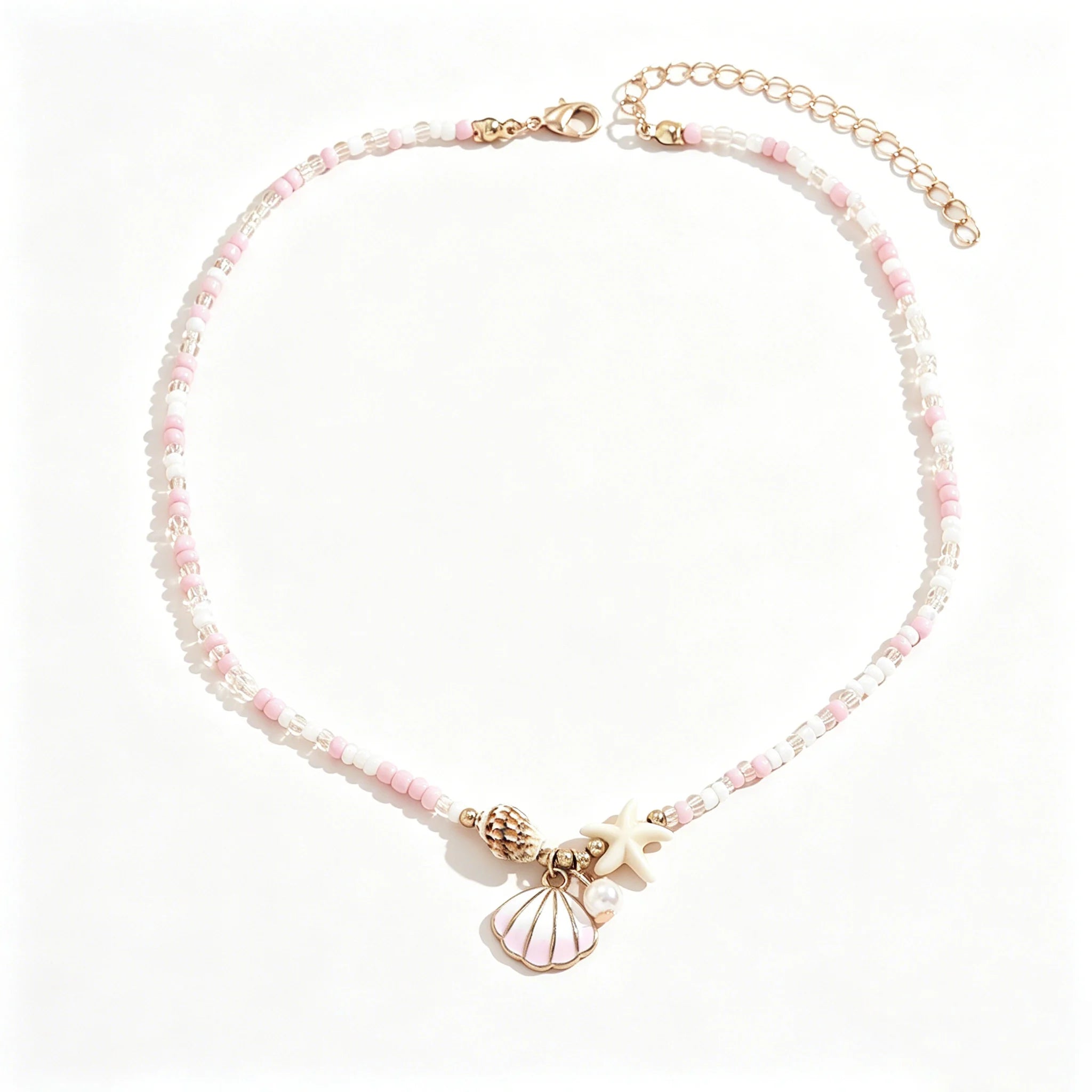 Pink White Beaded Choker Necklace Shell Starfish Faux Pearl Pendant Boho Summer Beach Vacation Daily Jewelry