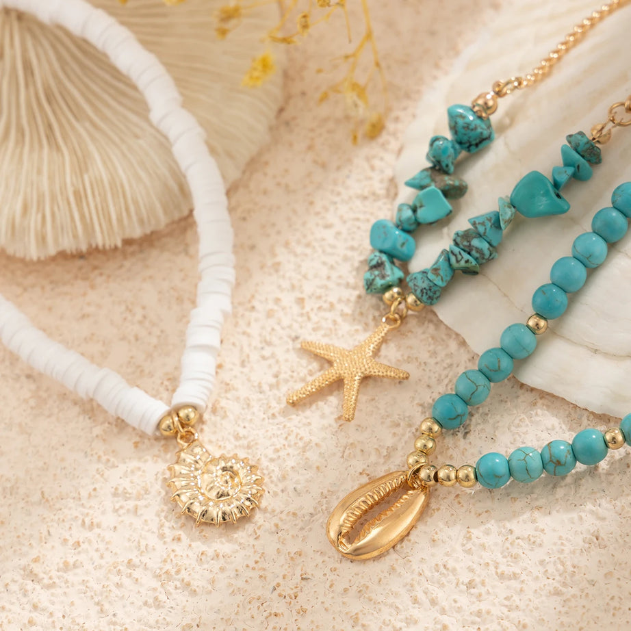 SHIXIN 3Pcs Irregular Green Natural Stone Bead Anklet Set for Women Boho Conch Starfish Feet Chain Bracelet Summer Beach Jewelry - Charlie Dolly