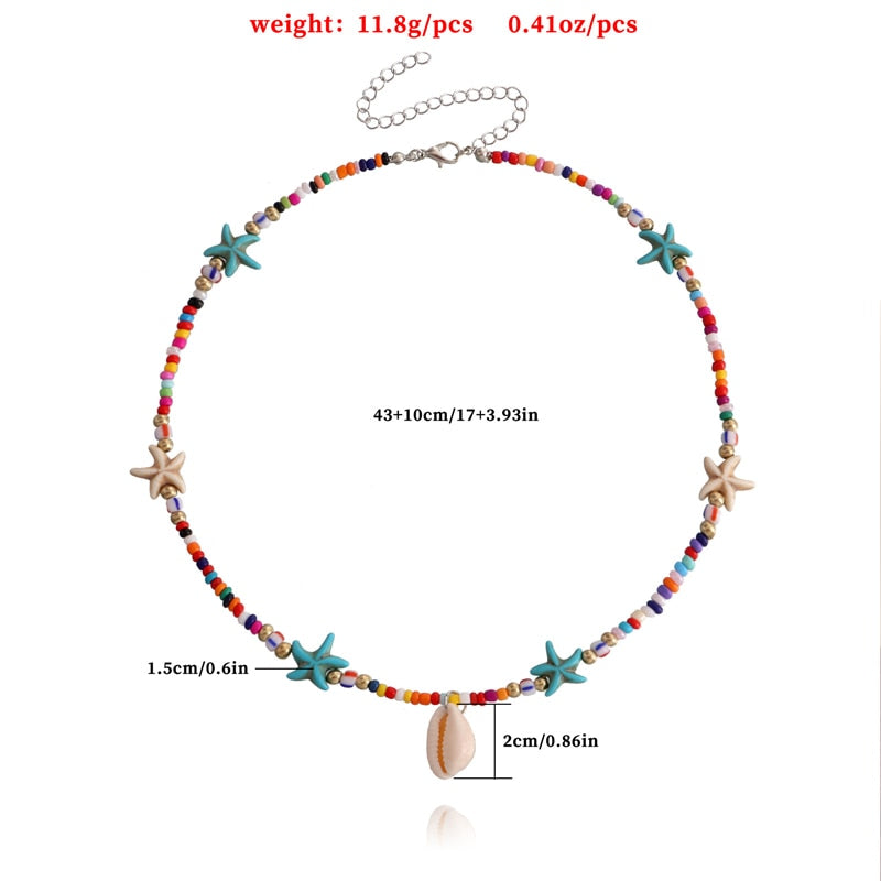 Necklace Boho Colorful Beads Starfish with Sea Shell Pendant Women Handmade Chic Jewelry