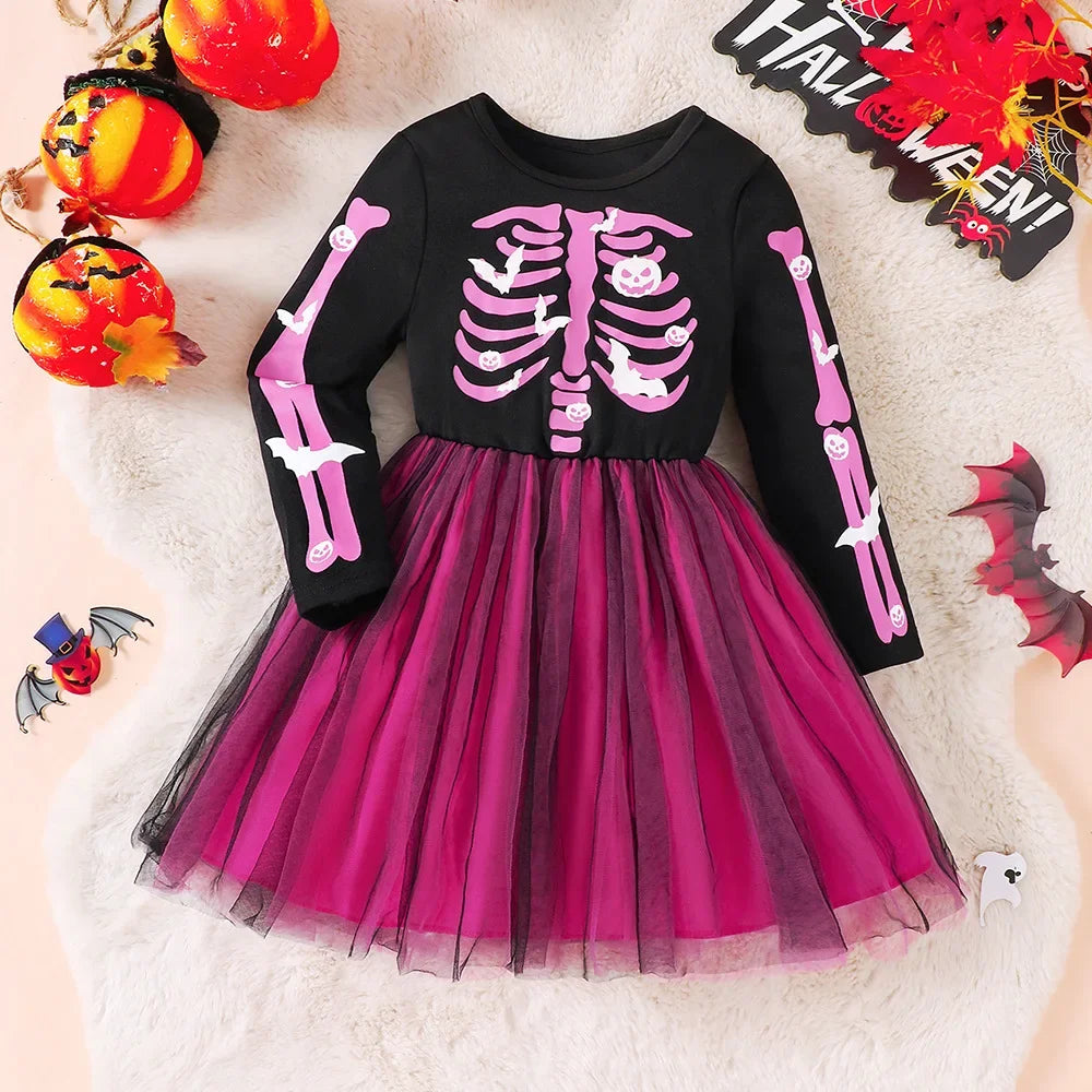 Halloween Girl Long Sleeve Skull Printed Dress Up Witch Costume Carnival Party Mesh Tulle Tutu Dress Stage Performance Clothes - Charlie Dolly