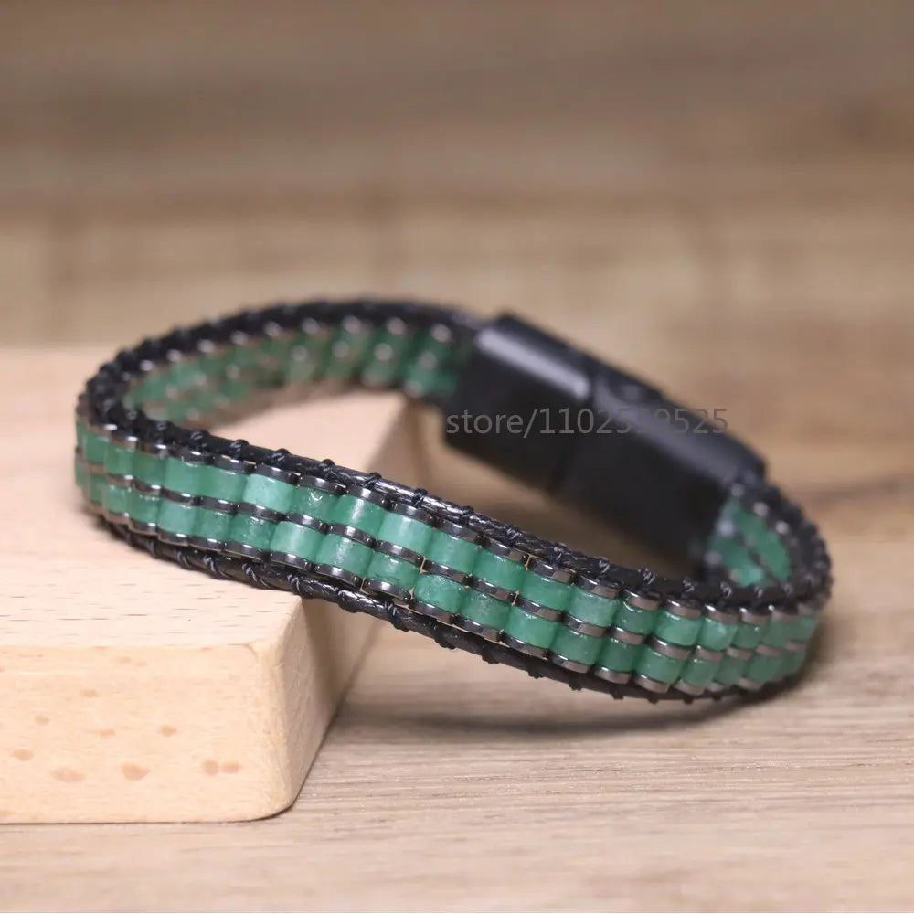 Natural stones Boho Handmade Braided Green Aventurine Beaded Magnetic fastener Bracelet for Men and Women Healing Jewelry