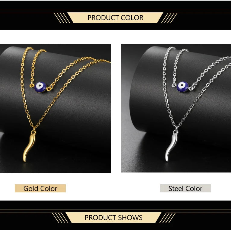Italian Horn & Evil Eye Double Layer Necklace, Spiritual Protection Amulet