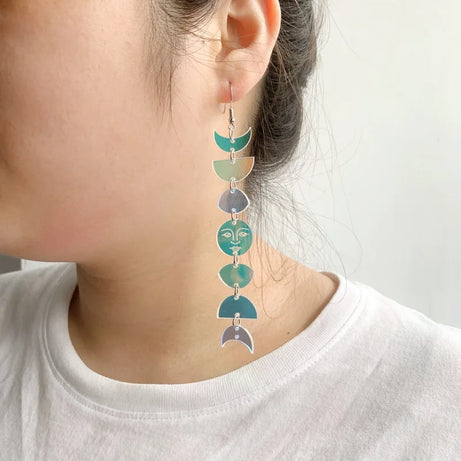 Acrylic Moon Phase Long Tassel Boho Earrings, Celestial Drop Talisman