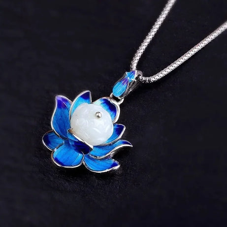 Natural Hotan Jade Lotus Flower Jewelry Set, Necklace Ring Bracelet Hairpin Boutique