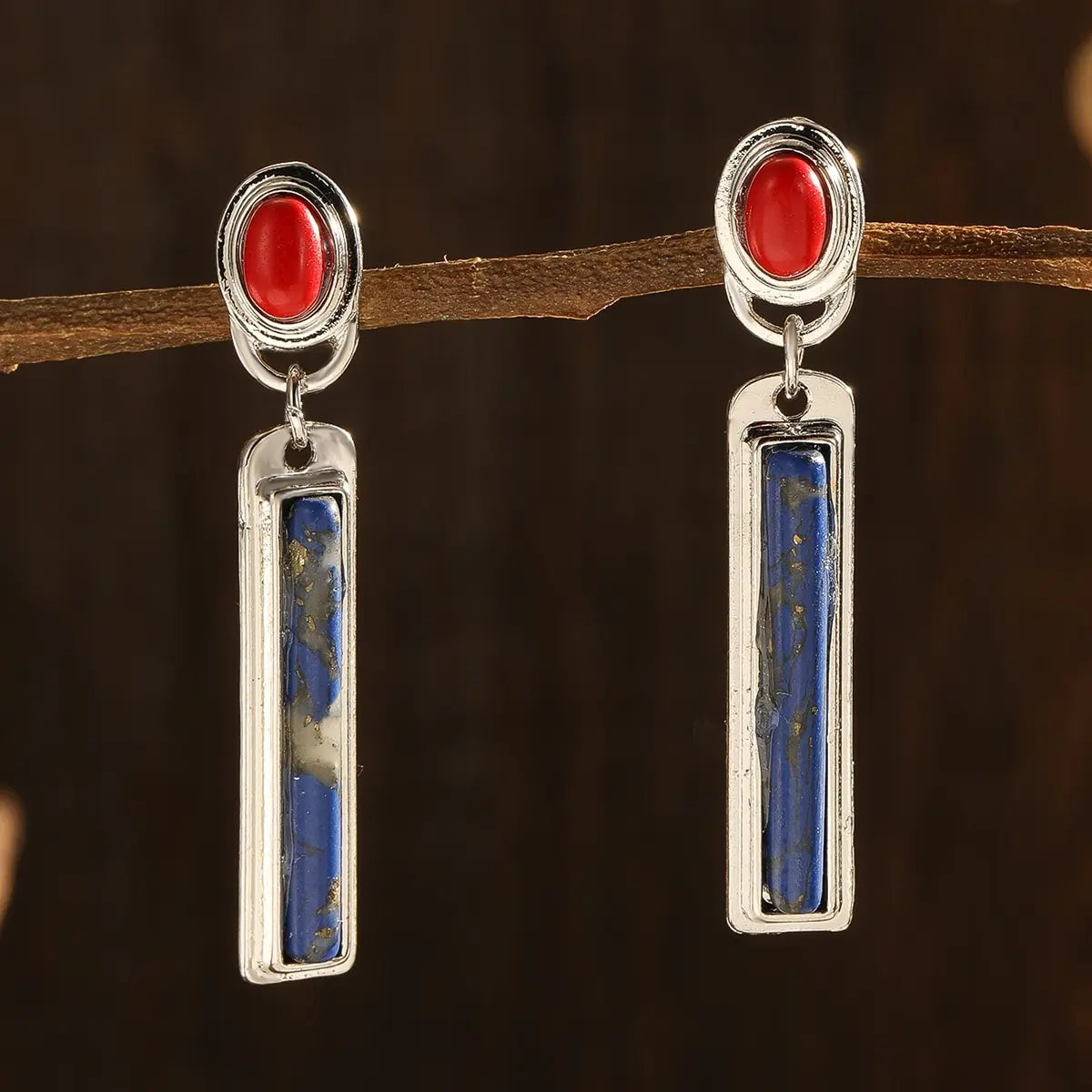 Retro Bohemian Rectangular Lapis Lazuli earrings, Fashionable Bluestone pendant, women's Jewelry Accessories
