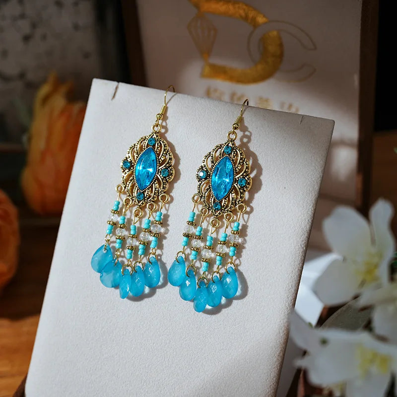 Vintage Bohemian Long Drop Dangle Earrings For Women Geometric Beads Handmade Tassel Crystal Ethnic Boho Wedding Earings Jewelry