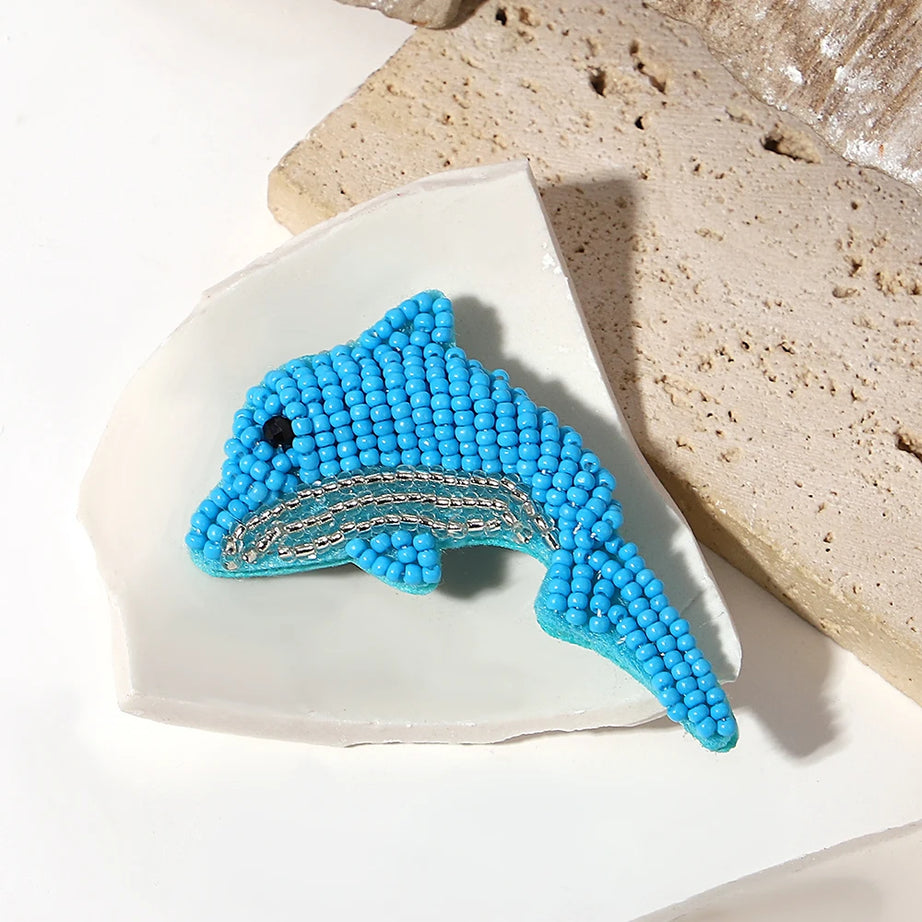 Boho Colorful Starfish, Lobster and Shell Beaded Brooch Pin