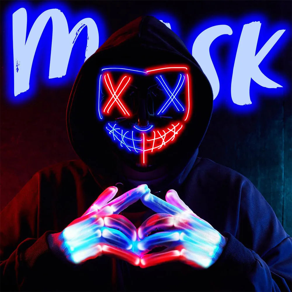 Halloween Mask Skeleton Gloves Set Light Up Scary LED Mask with Glow Anonymous Carnival Costumes glow purge Masks for Boys Girl - Charlie Dolly