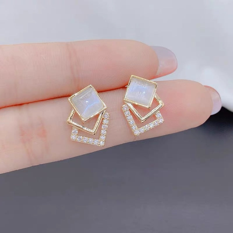 European and American Fashion Temperament Opal Geometric Square Earrings Women Personality Simple and Luxury Zircon Earrings - Charlie Dolly