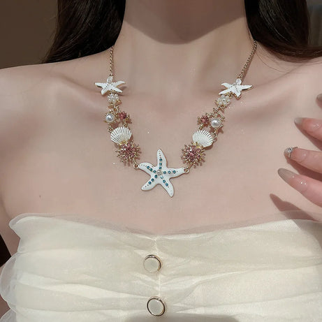 Marine Starfish Shell and Coral Pendant Necklace