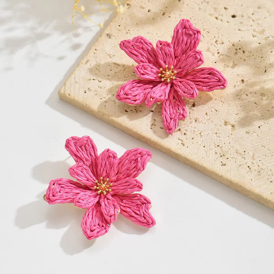 Raffia Woven Flower Boho Earrings Jewelry