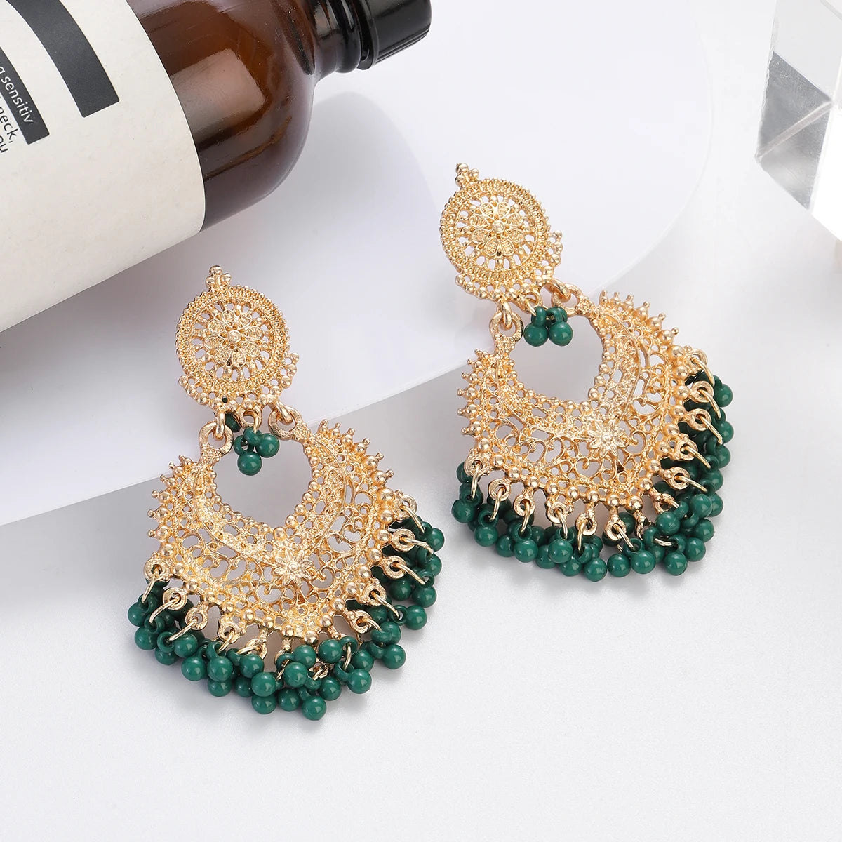Boho Gold Color Heart Shape Carved Flower Dangle Earrings for Women Indian Jhumka Earrings Retro Pink Beads Tassel Jewelry 2023