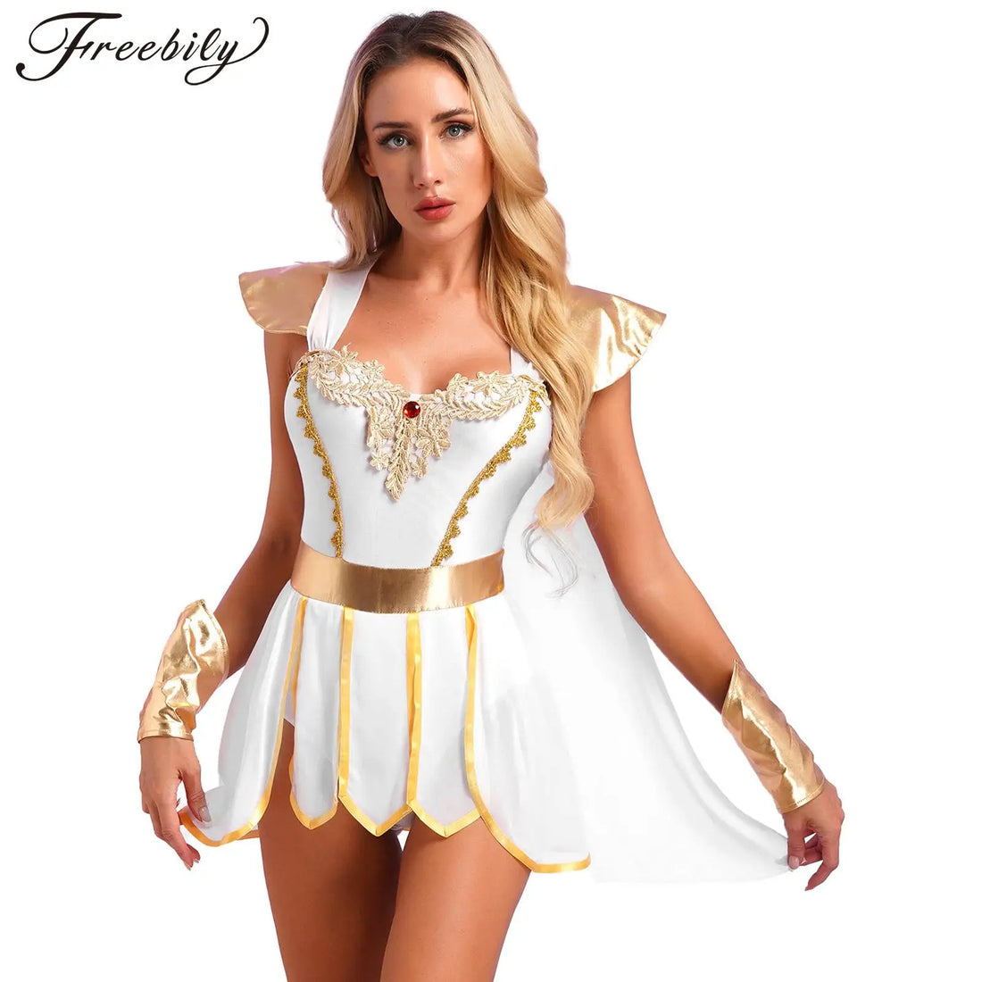Womens Ancient Greek Roman Godness Empress Cosplay Costume Cape Leotard Dress Toga with Wristbands for Halloween Theme Party - Charlie Dolly