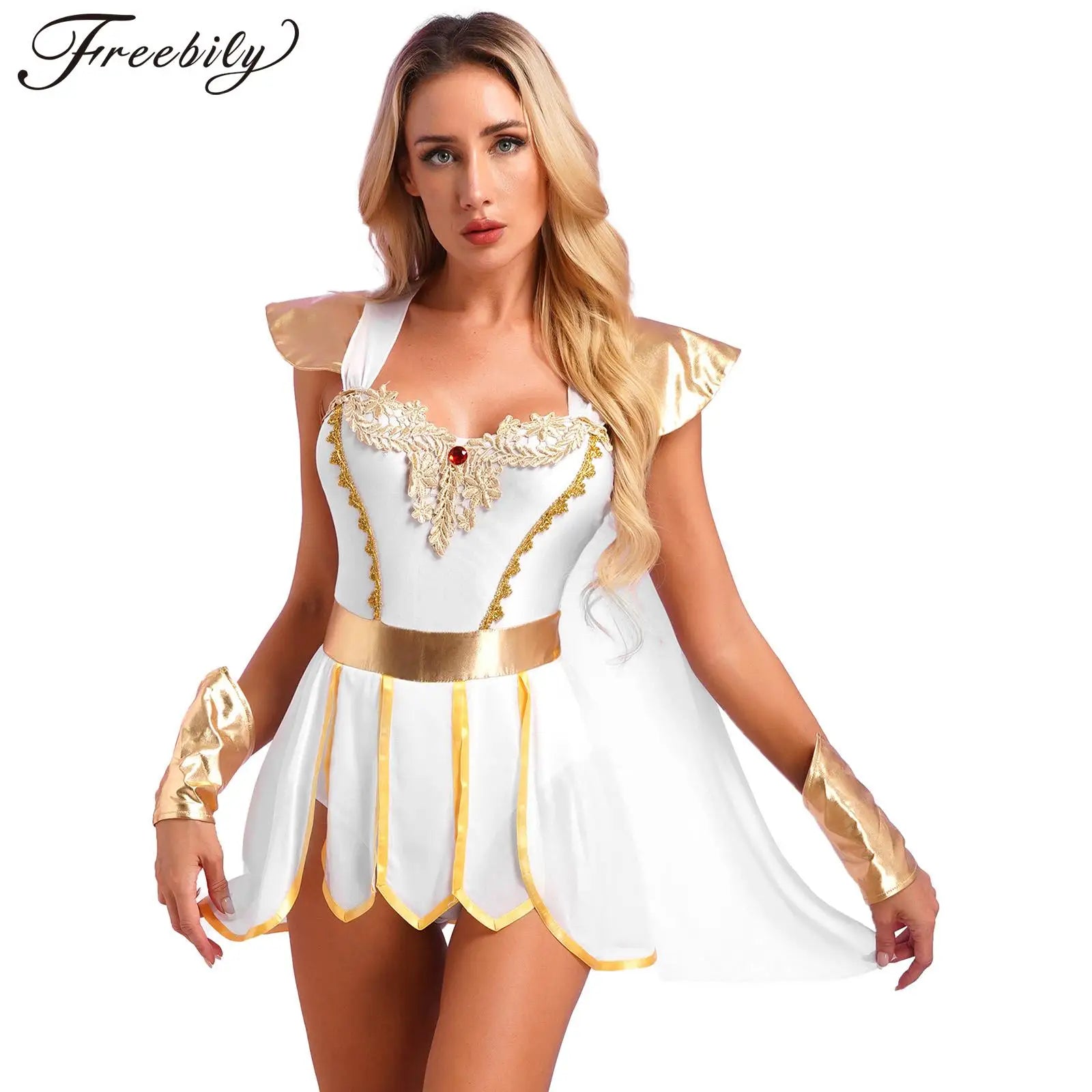 Womens Ancient Greek Roman Godness Empress Cosplay Costume Cape Leotard Dress Toga with Wristbands for Halloween Theme Party - Charlie Dolly