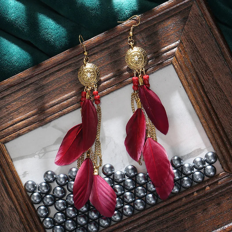 Trendy Bohemian Long Feather Drop Dangle Earrings For Women Crystal Flower Beads Handmade Wedding Vacation Boho Earrings Jewelry