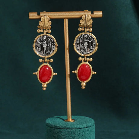 Vintage Emerald Green Stone Dangle Earrings, Antique Gold Coin Boho Jewelry