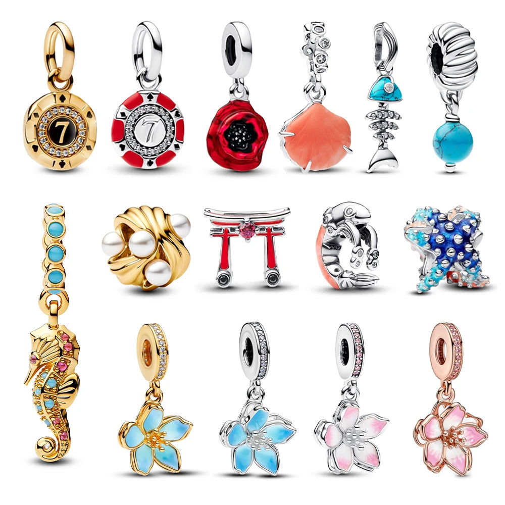 High Quality 925 Sterling Silver Lotus Coral Seahorse Love Cube Fortune Bag Pendant Fit DIY Bracelet Necklace Wedding Party Gift