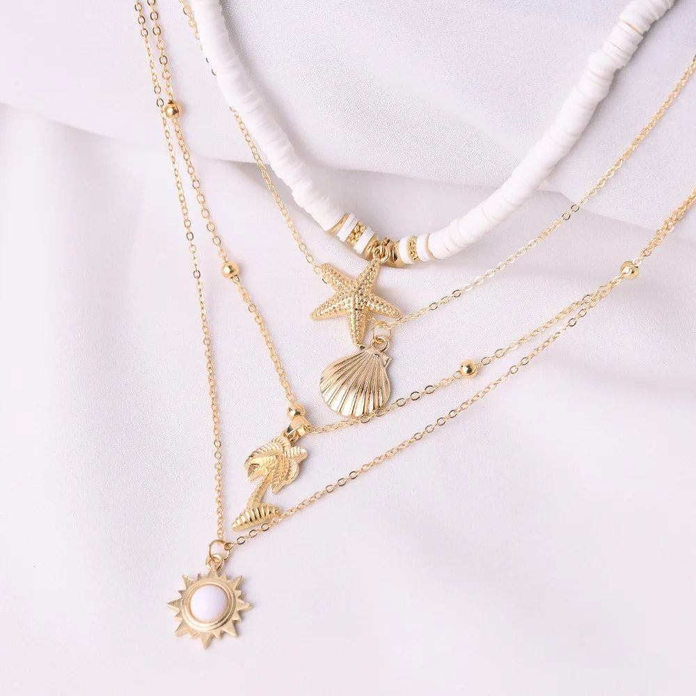 Fashion Boho Summer Beach Jewelry Necklace for Women Soft Pottery Starfish Shell Pendant Vintage Sun Multi Layer Ckokers Gifts