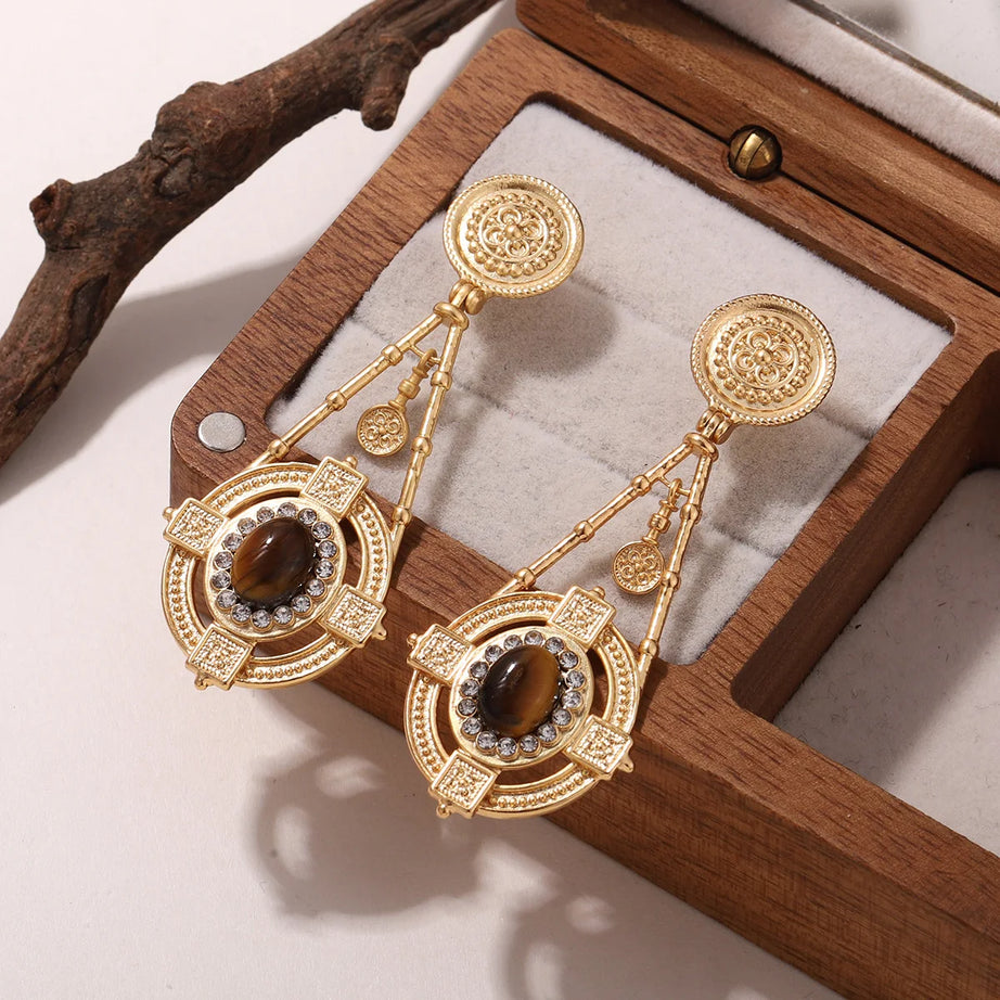 Vintage 18K Gold Plated Drop Earrings with Lapis lazuli Stone & Rhinestones - Elegant Geometric Women's Jewelry Daily Ear Charm - Charlie Dolly
