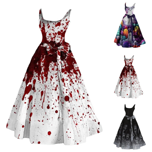 Halloween Scary Costumes Prom Dress For Women Bloody Print Flared Puffy Sleeveless Tunic Cocktail Dress Wedding Guest Dresses