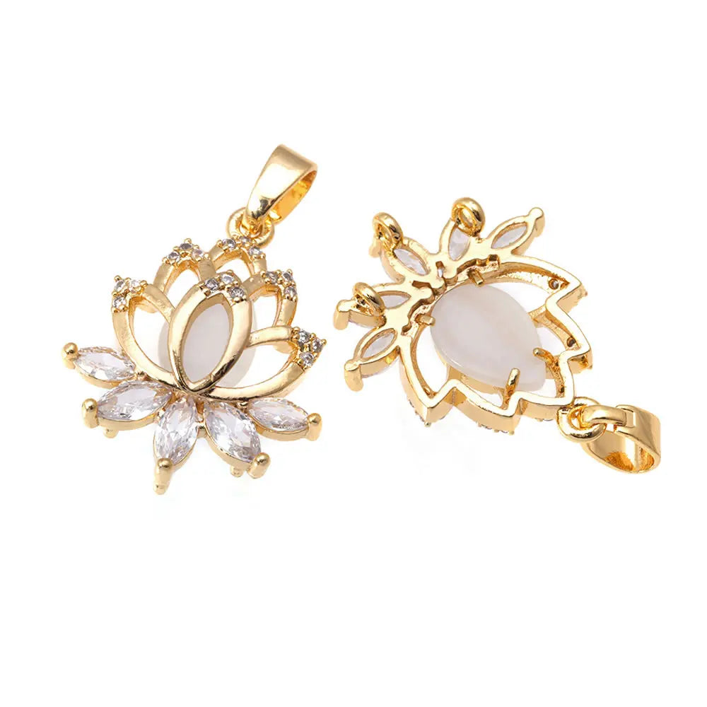 18K Gold Color Brass and Zircon Lotus Flower Necklaces Charms Pendants High Quality Diy Jewelry Accessories Making Supplies