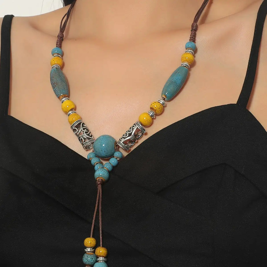 Simple Ceramic Bead Tassel Long Necklace Jewelry