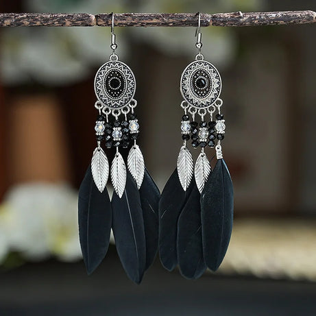 Feather Leaf Crystal Bead Long Earrings Jewelry