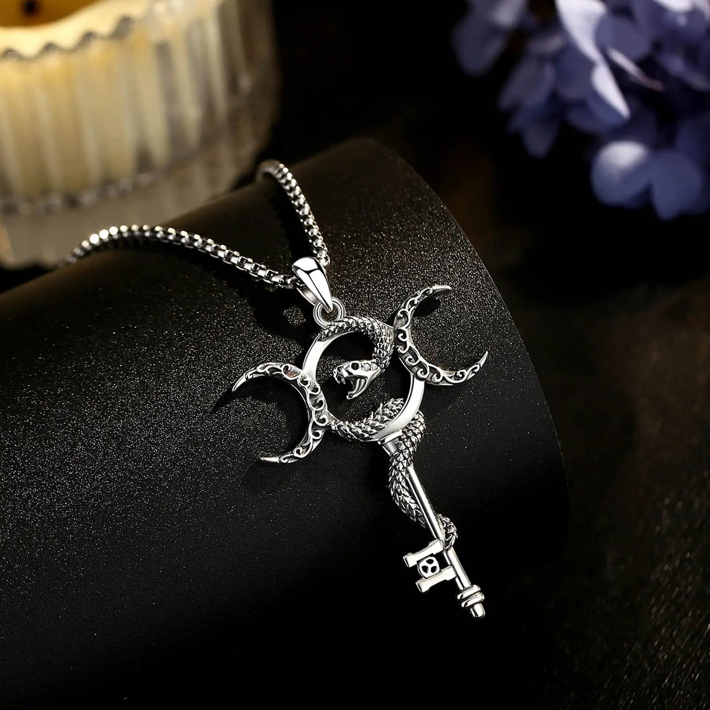 S925 Sterling Silver Hecate Triple Moon Goddess Pendant Necklace, Snake & Key Pagan Wicca Amulet