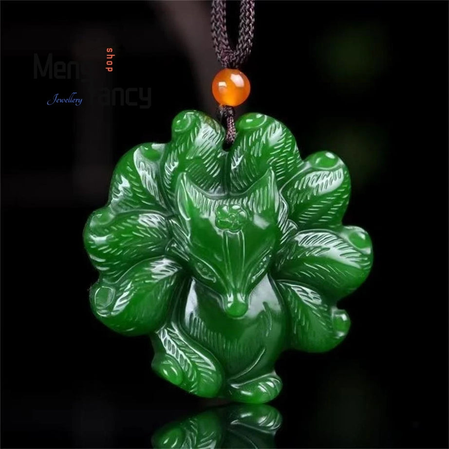 Nine-Tailed Fox Hetian Jade Pendant, Kitsune Sacred Amulet Necklace