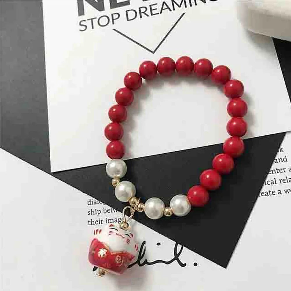 Boho Fortune Cat Charms Bracelet for Women 8mm Round Natural Stone 18cm Stretch Wire Couple Bracelet Jewelry Accessories Gifts