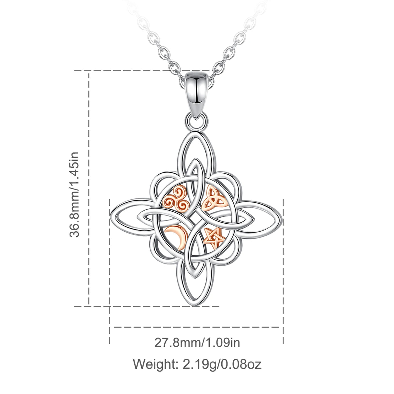 S925 Sterling Silver Witch Knot Pendant Necklace, Celtic Star & Moon Witchcraft Amulet