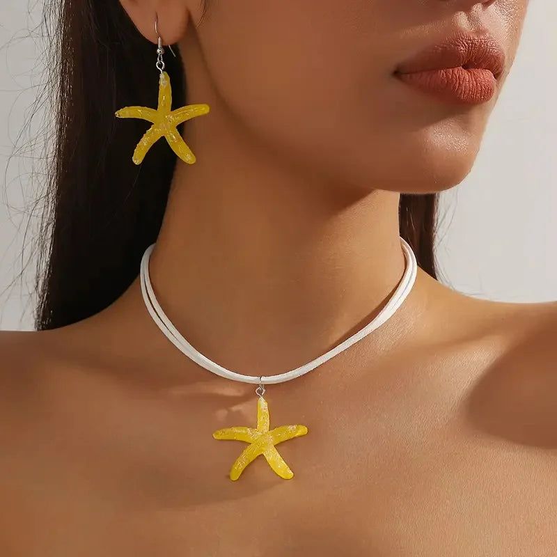 Fashion Large Starfish Pendant Necklace Jewelry Set For Women Girls Boho Summer Beach White Rope Chain Choker Party Jewelry Gift