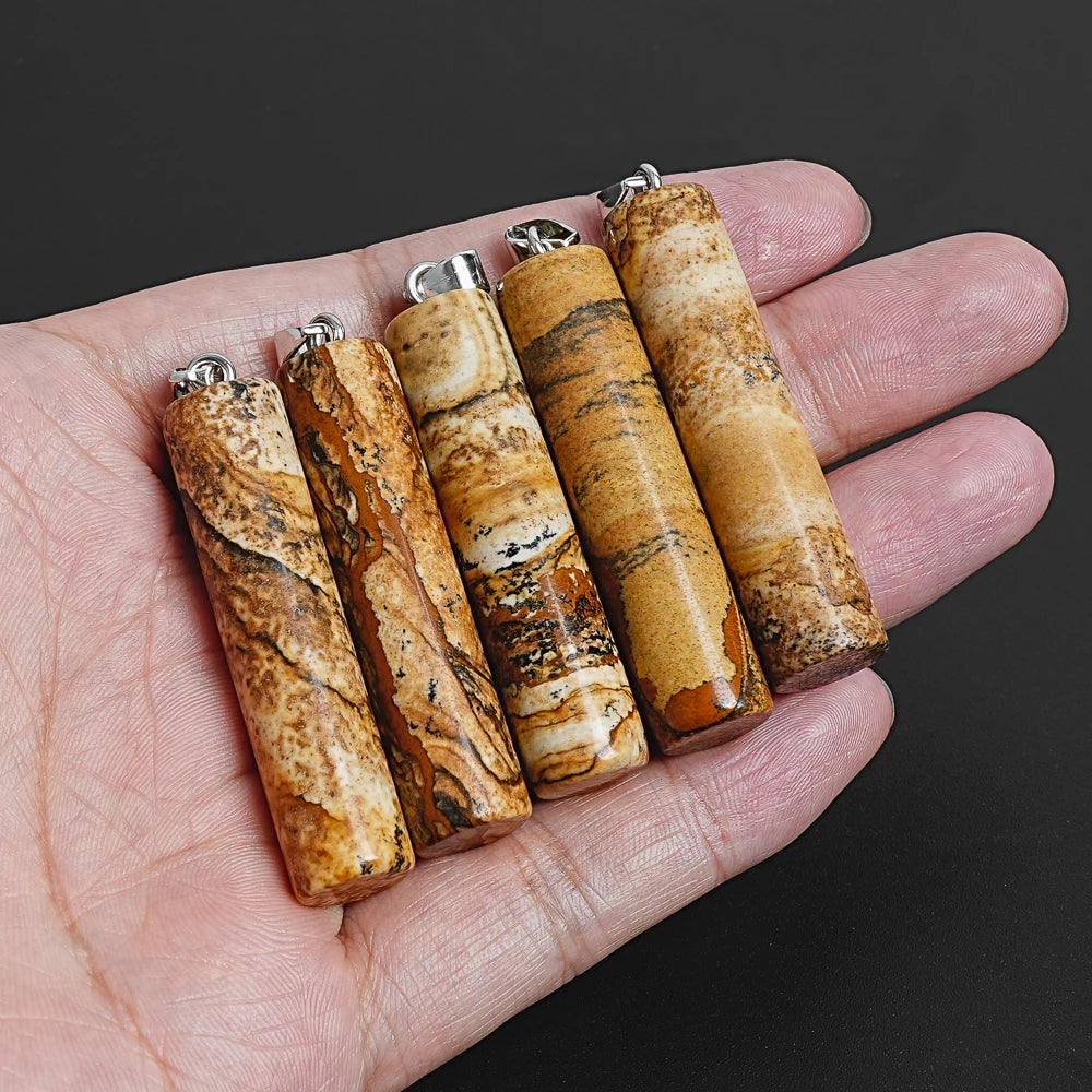 NATURAL PICTURE JASPER CYLINDRICAL PENDANT BROWN STONE 50X12MM FOR BOHO JEWELRY MAKING DIY NECKLACE BRACELET CHARM GIFT FOR HER