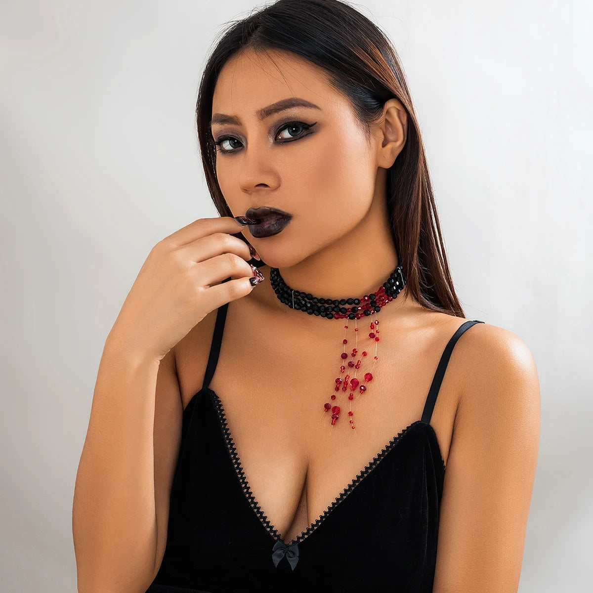 Salircon Gothic Multi layered Black Crystal Bead Choker Fashion Red Bead Tassel Pendant Necklace Women Halloween Cosplay Jewelry - Charlie Dolly