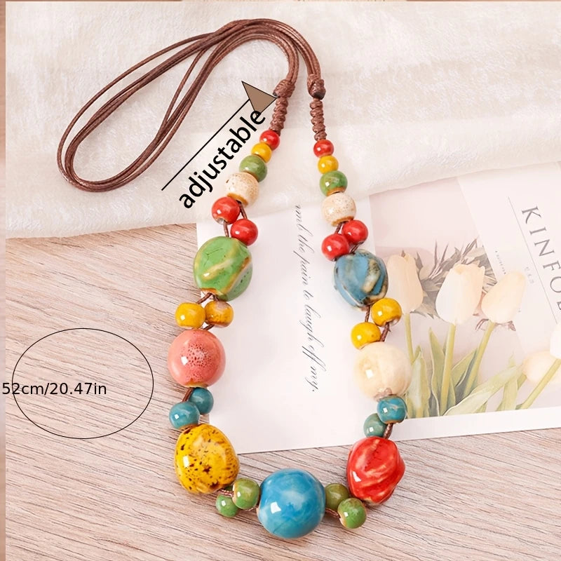 Hand Woven Ceramic Bead Adjustable Necklace Jewelry