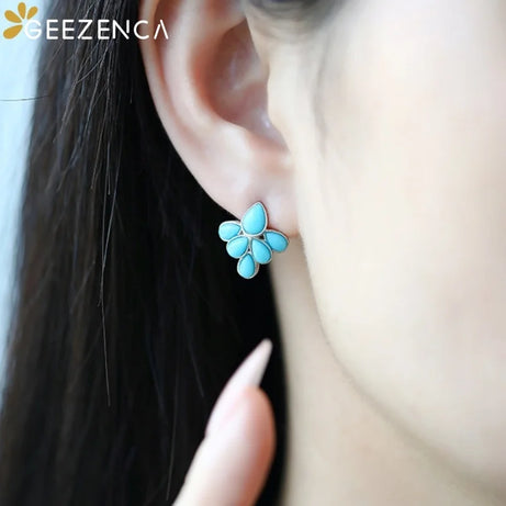 GEEZENCA 925 Silver Lapis Lazuli Turquoise Leaf Stud Earrings Women Gold Plated Trendy Dainty Lightweight Statement Earring Gift - Charlie Dolly