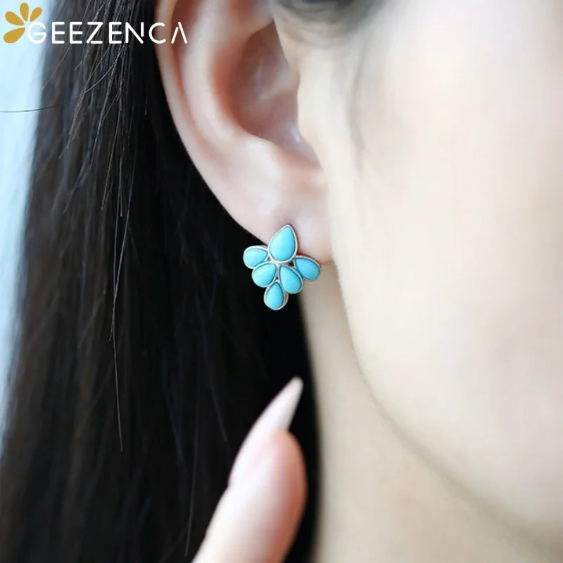 GEEZENCA 925 Silver Lapis Lazuli Turquoise Leaf Stud Earrings Women Gold Plated Trendy Dainty Lightweight Statement Earring Gift