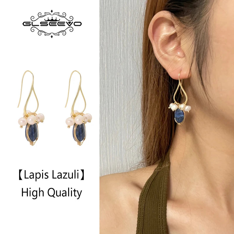 GLSEEVO Natural lapis lazuli Pearl Temperament Drop Earrings Women Girls Party Gift Original Design Luxury Jewellery Gift GE0988