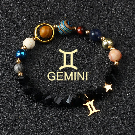 Eight Planets & Twelve Zodiac Beaded Bracelet, Natural Stone Cosmic Astrology Talisman
